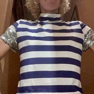 Price DROP Maeve Blue & White Short Sleeve with FUN Silver Sequin Sleeves